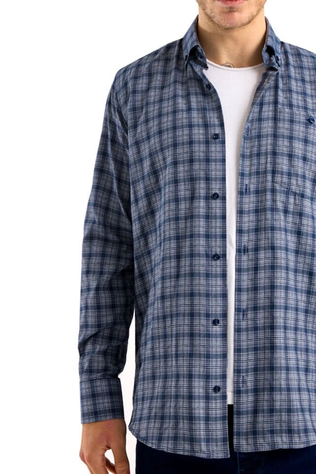 Varetta Lacivert Kareli Klasik Kesim Erkek Gömlek  Pamuklu, Cepli, Uzun Kollu Gömlek