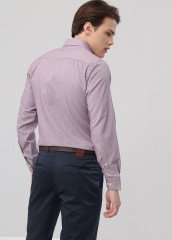 Erkek Slim Fit Mavi Kırmızı Desenli Uzun Kollu Gömlek