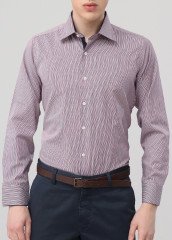 Erkek Slim Fit Mavi Kırmızı Desenli Uzun Kollu Gömlek