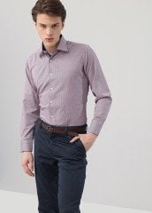 Erkek Slim Fit Mavi Kırmızı Desenli Uzun Kollu Gömlek