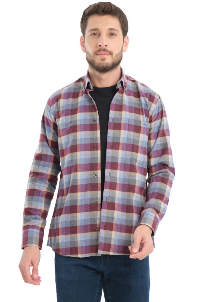 Varetta Erkek Bordo Kışlık Gömlek Kareli Yünlü Cepli Geniş Kesim