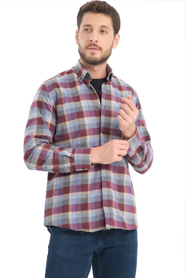 Varetta Erkek Bordo Kışlık Gömlek Kareli Yünlü Cepli Geniş Kesim