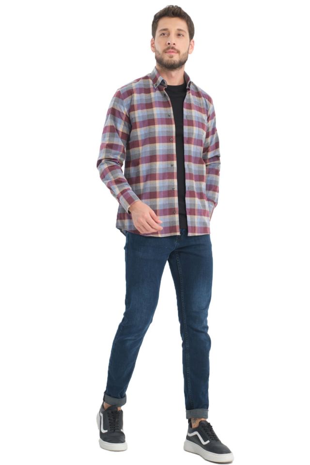 Varetta Erkek Bordo Kışlık Gömlek Kareli Yünlü Cepli Geniş Kesim