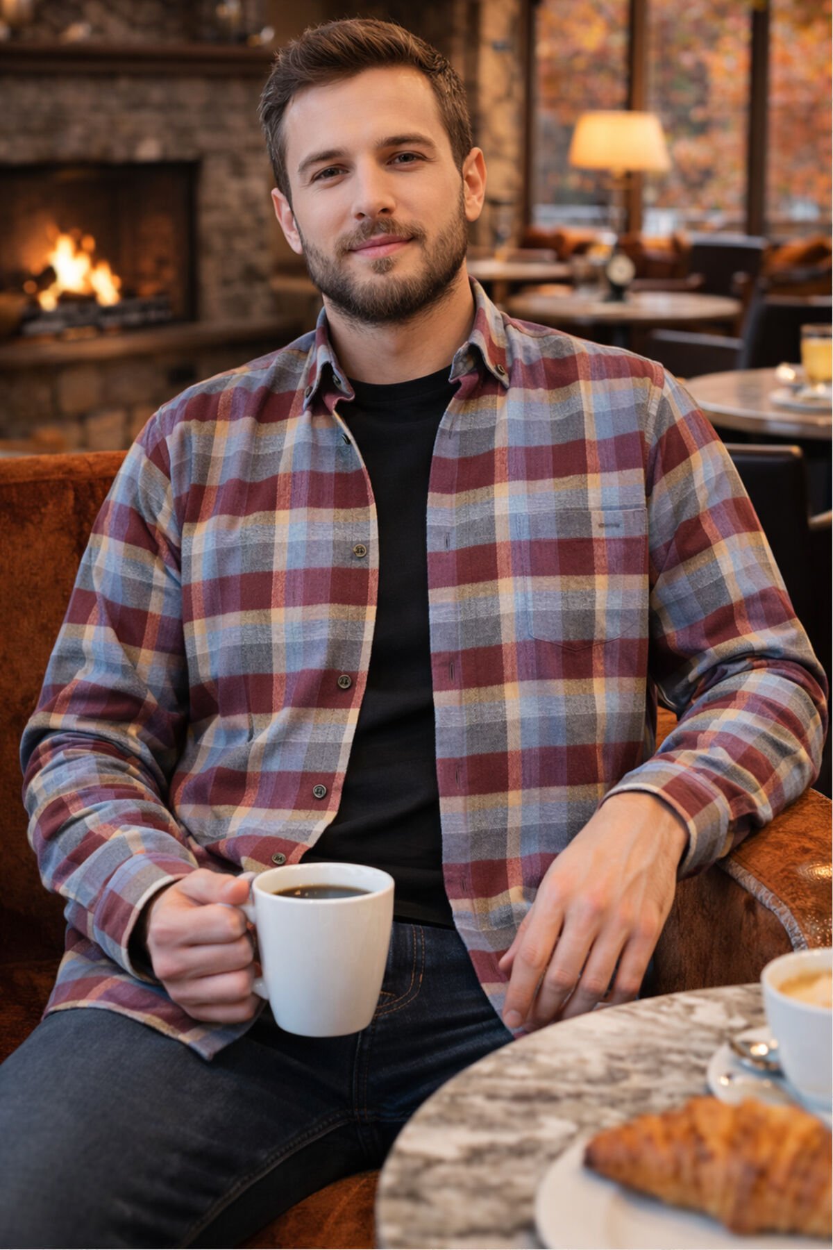 Varetta Erkek Bordo Kışlık Gömlek Kareli Yünlü Cepli Geniş Kesim