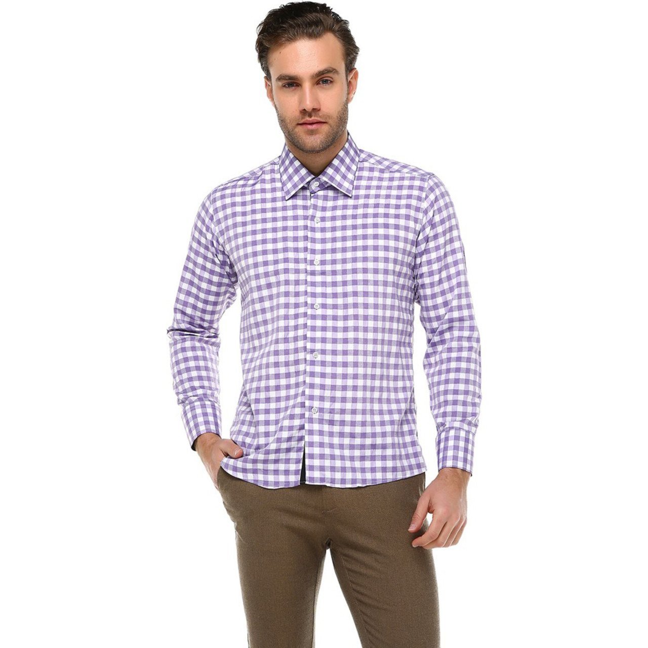 Erkek Slim Fit Lila Çizgili Uzun Kollu Gömlek