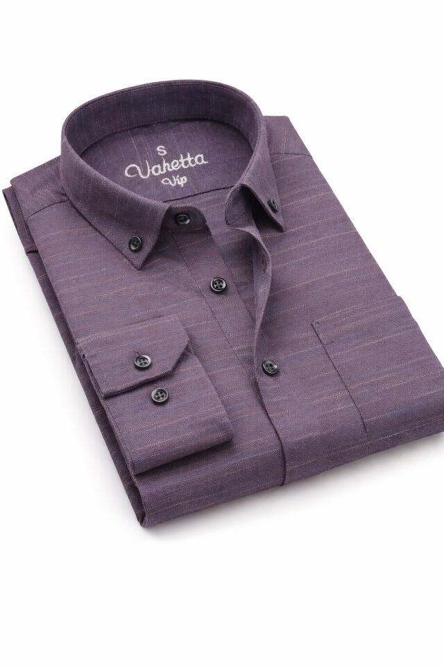 Varetta Erkek Mürdüm Gömlek Düz Uzun Kollu Pamuklu Keten Efektli Yaka Düğmeli