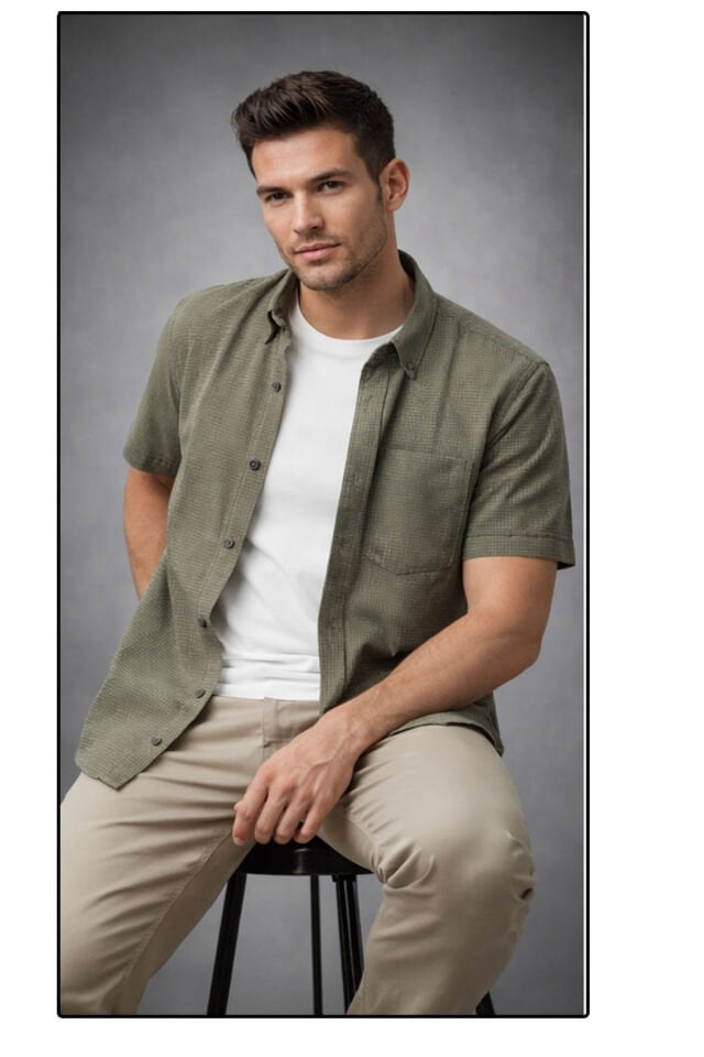 Varetta Erkek Yeşil Kısa Kollu Geniş Kesim Cepli Pamuklu Gömlek