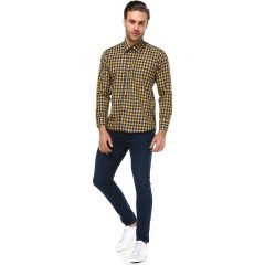 Varetta Erkek Slim Fit Sarı Lacivert Ekose Desenli Uzun Kollu Gömlek