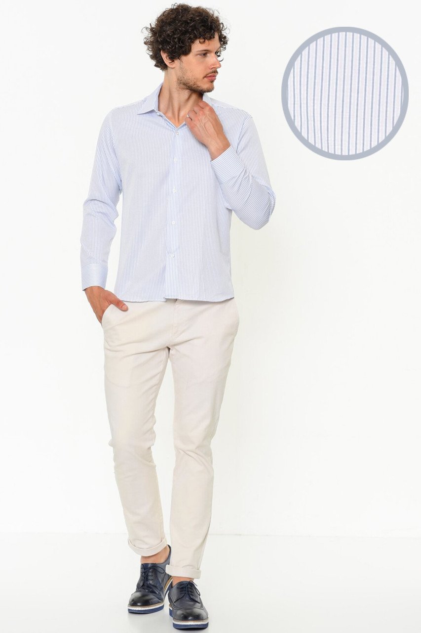 Erkek Slim Fit Mavi Çizgili  Uzun Kol Gömlek