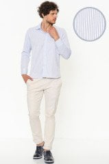 Erkek Slim Fit Mavi Çizgili  Uzun Kol Gömlek
