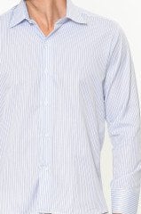 Erkek Slim Fit Mavi Çizgili  Uzun Kol Gömlek