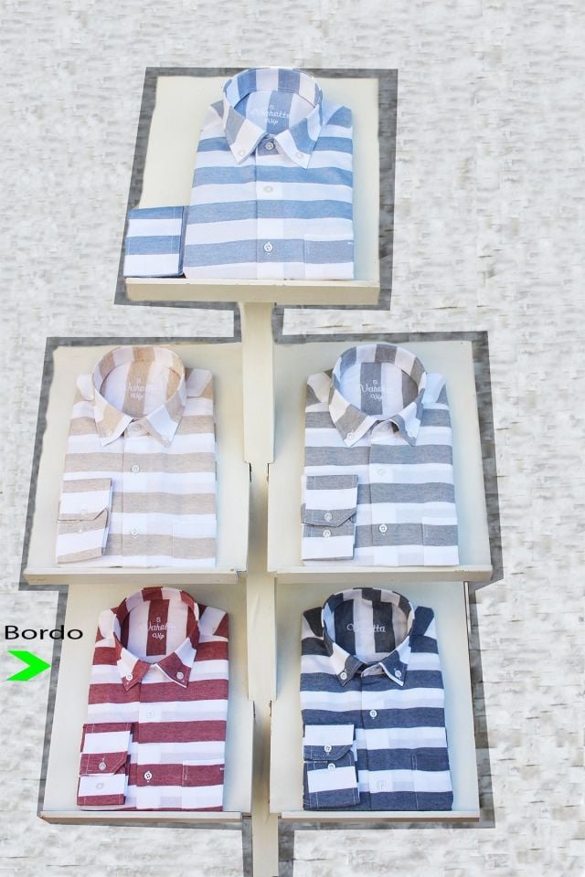 Erkek Bordo Çizgili Pano Desen Uzun Kol Düğmeli Yaka Klasik Kesim Gömlek