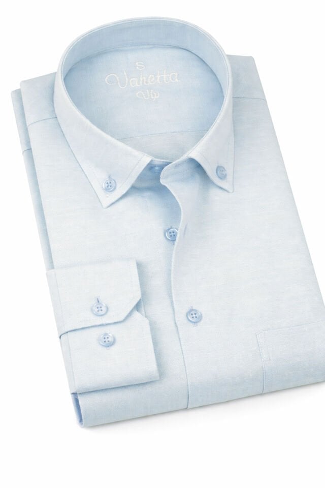 Varetta Erkek Soft Mavi Düz Uzun Kollu Pamuklu Keten Efektli Yaka Düğmeli Gömlek