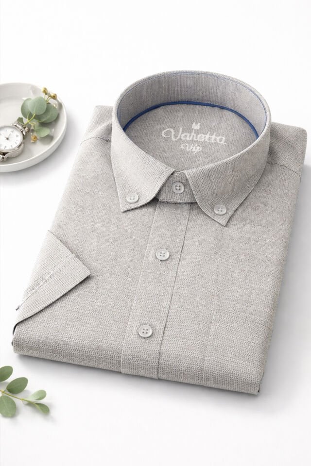 Varetta Erkek Gri Kısa Kollu Geniş Kesim Cepli Pamuklu Gömlek