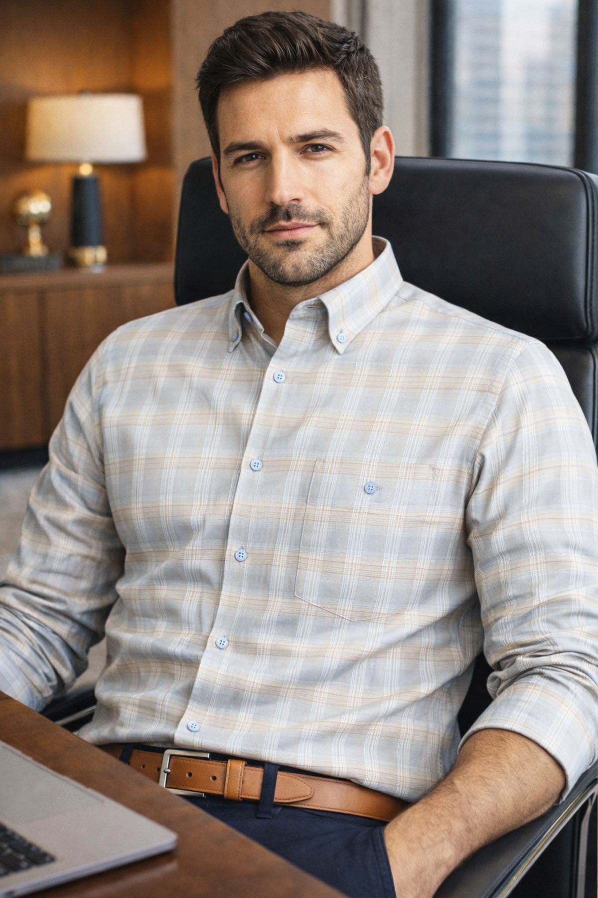 Varetta Soft Mavi Kareli Klasik Kesim Erkek Gömlek  Pamuklu, Cepli, Uzun Kollu Gömlek