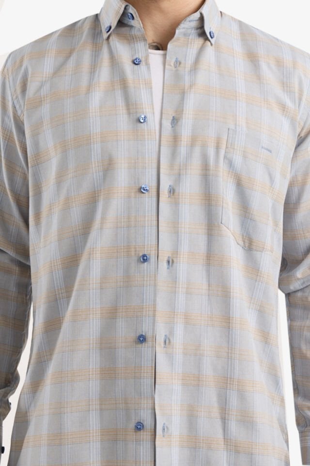 Varetta Soft Mavi Kareli Klasik Kesim Erkek Gömlek  Pamuklu, Cepli, Uzun Kollu Gömlek