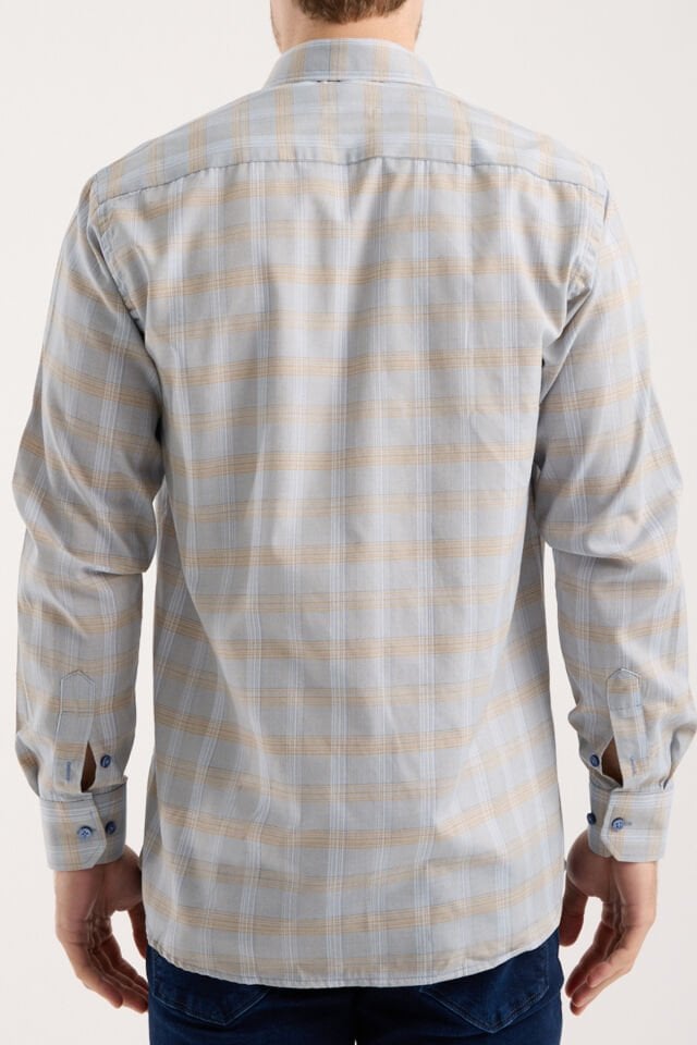 Varetta Soft Mavi Kareli Klasik Kesim Erkek Gömlek  Pamuklu, Cepli, Uzun Kollu Gömlek