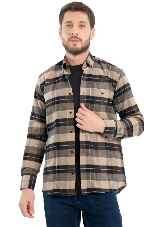 Varetta Erkek Kahverengi Kışlık Gömlek Kareli Cepli Geniş Kesim