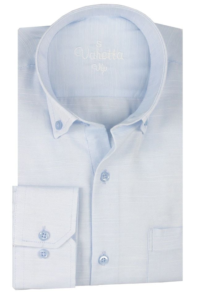 Varetta Erkek Sweet Mavi Düz Uzun Kollu Pamuklu Keten Efektli Yaka Düğmeli Gömlek