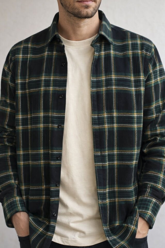  Erkek Yeşil Oduncu Gömlek Cepli Geniş Kesim Kalın Kışlık