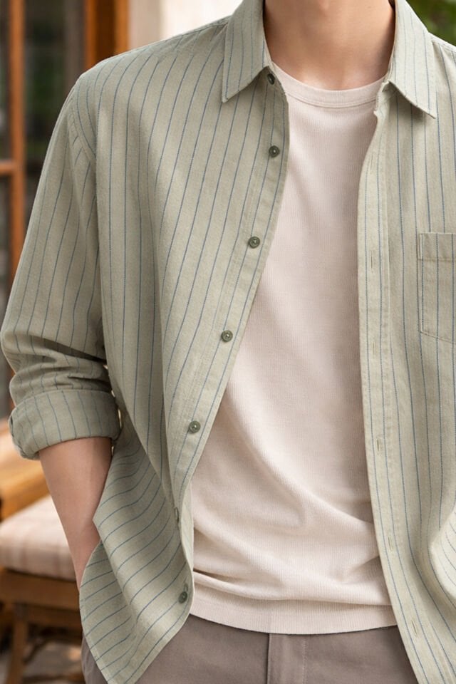 Varetta Çağla Yeşili Çizgili Klasik Erkek Gömlek  Pamuklu, Cepli, Uzun Kollu Gömlek