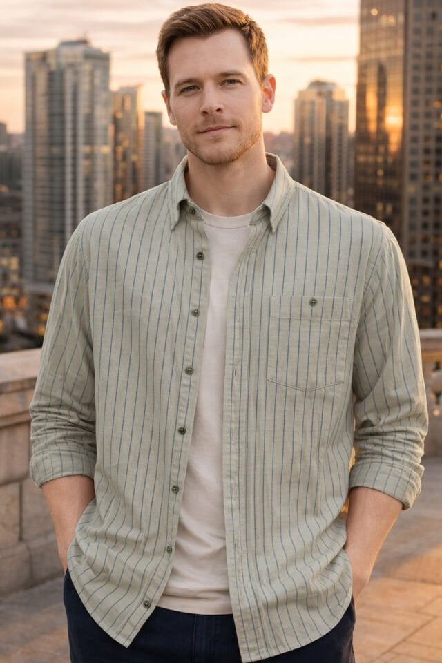 Varetta Çağla Yeşili Çizgili Klasik Erkek Gömlek  Pamuklu, Cepli, Uzun Kollu Gömlek