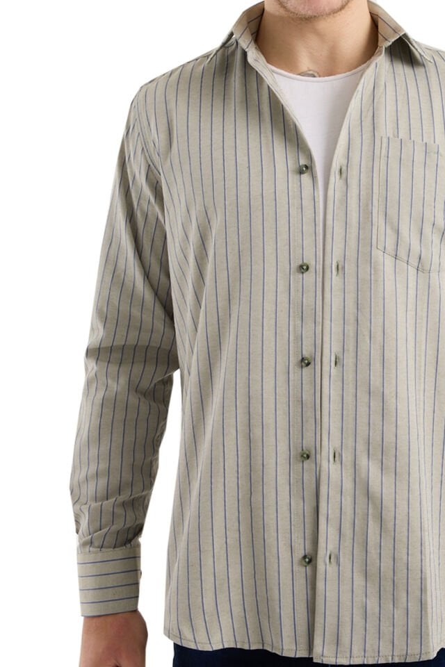 Varetta Çağla Yeşili Çizgili Klasik Erkek Gömlek  Pamuklu, Cepli, Uzun Kollu Gömlek