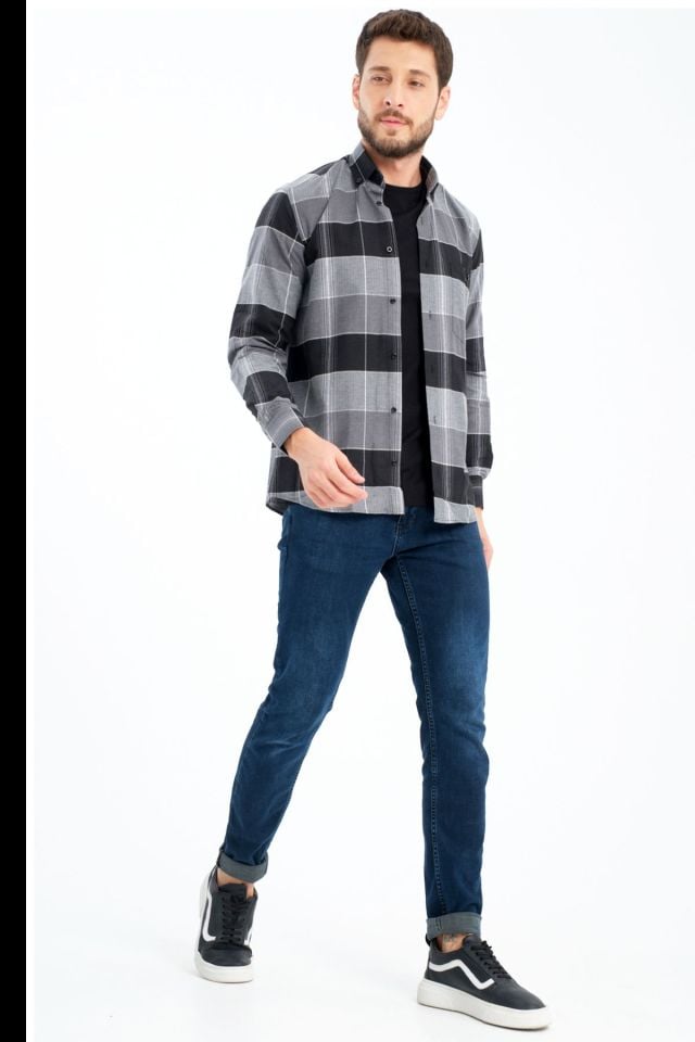 Varetta Erkek Siyah Kışlık Gömlek Kareli Cepli Geniş Kesim