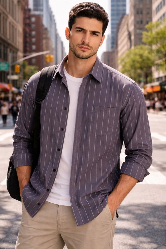 Varetta Mürdüm Çizgili Klasik Erkek Gömlek  Pamuklu, Cepli, Uzun Kollu Gömlek