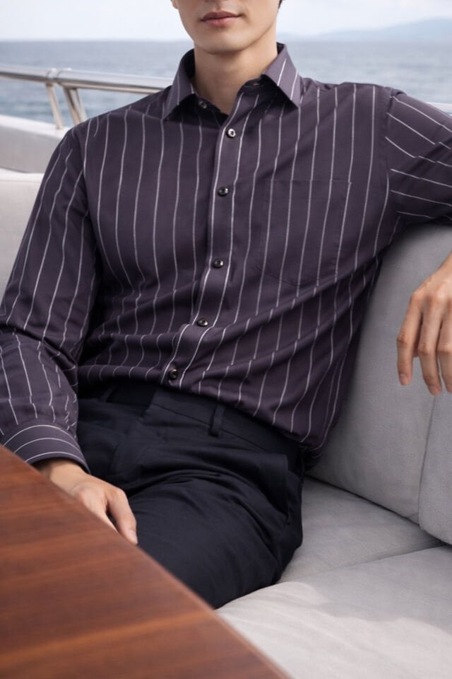 Varetta Mürdüm Çizgili Klasik Erkek Gömlek  Pamuklu, Cepli, Uzun Kollu Gömlek