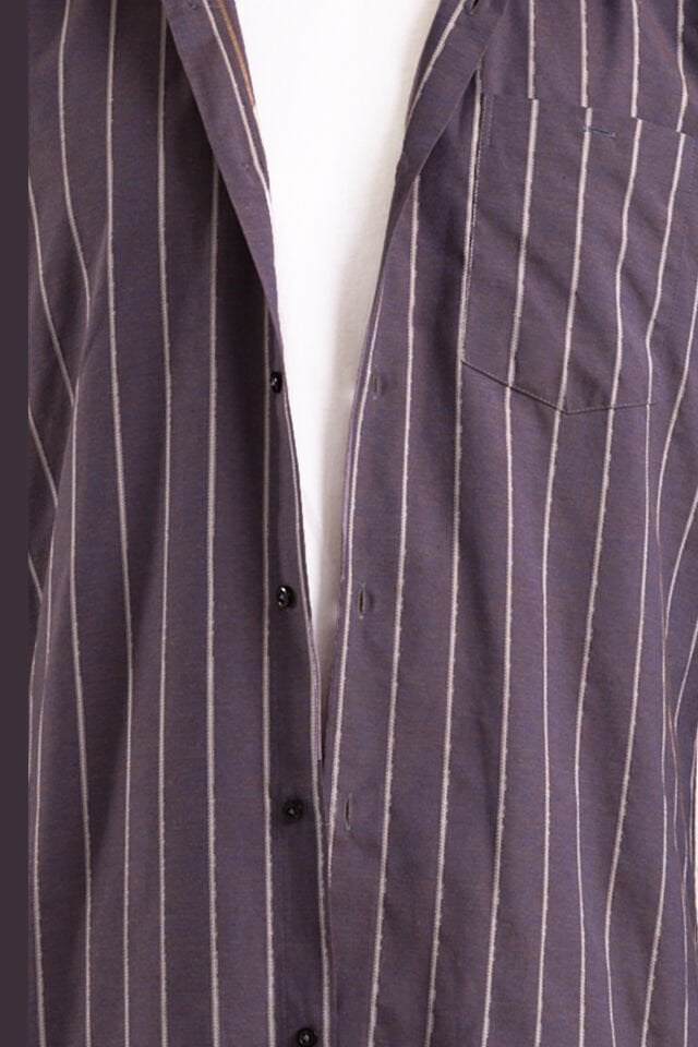 Varetta Mürdüm Çizgili Klasik Erkek Gömlek  Pamuklu, Cepli, Uzun Kollu Gömlek