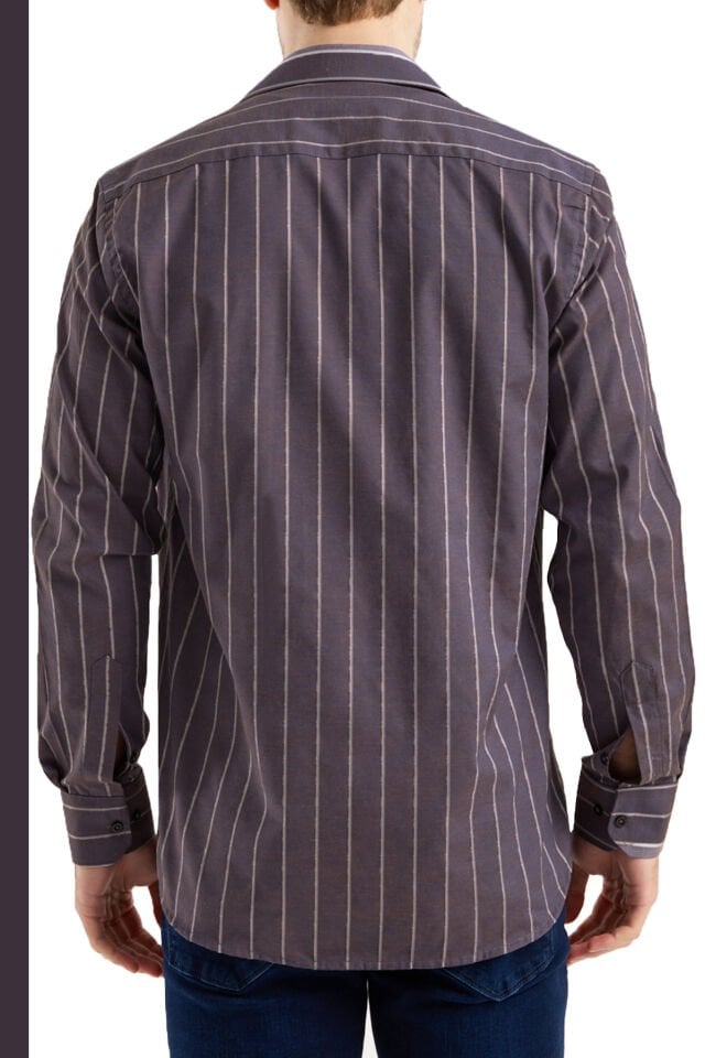 Varetta Mürdüm Çizgili Klasik Erkek Gömlek  Pamuklu, Cepli, Uzun Kollu Gömlek