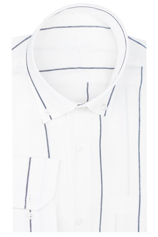 Erkek Beyaz-Lacivert Çizgili Uzun Kol Düğmeli Yaka Klasik Kesim Gömlek