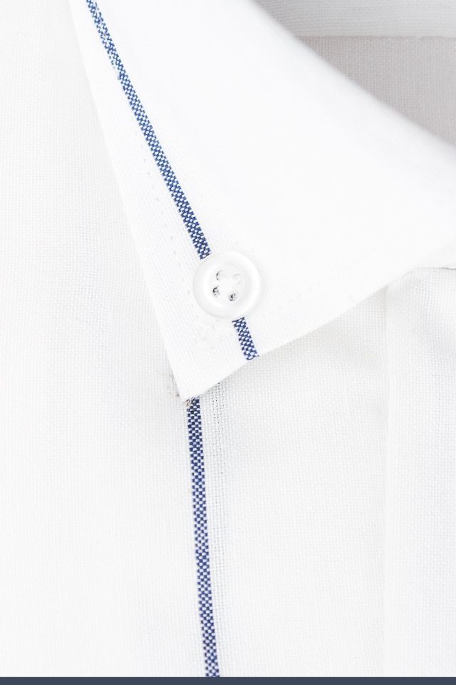 Erkek Beyaz-Lacivert Çizgili Uzun Kol Düğmeli Yaka Klasik Kesim Gömlek