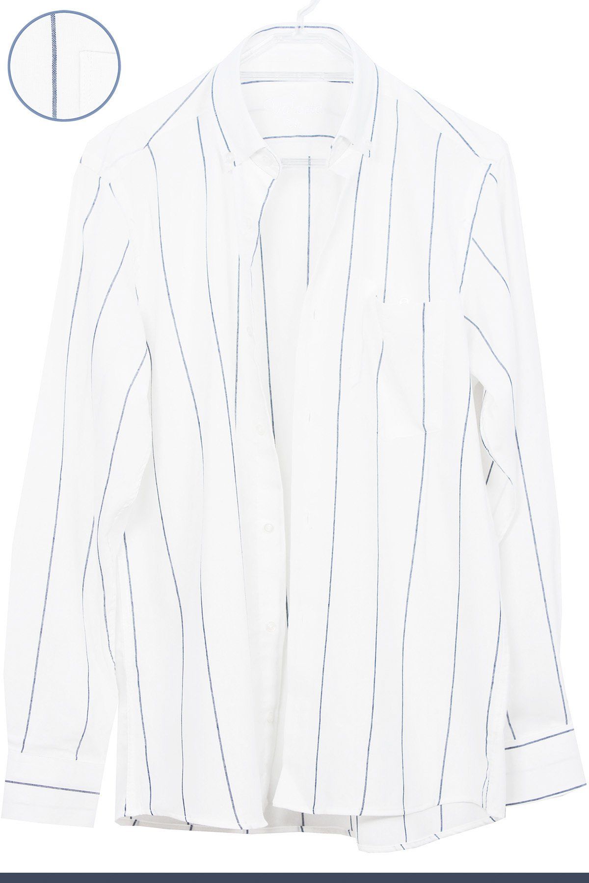 Erkek Beyaz-Lacivert Çizgili Uzun Kol Düğmeli Yaka Klasik Kesim Gömlek