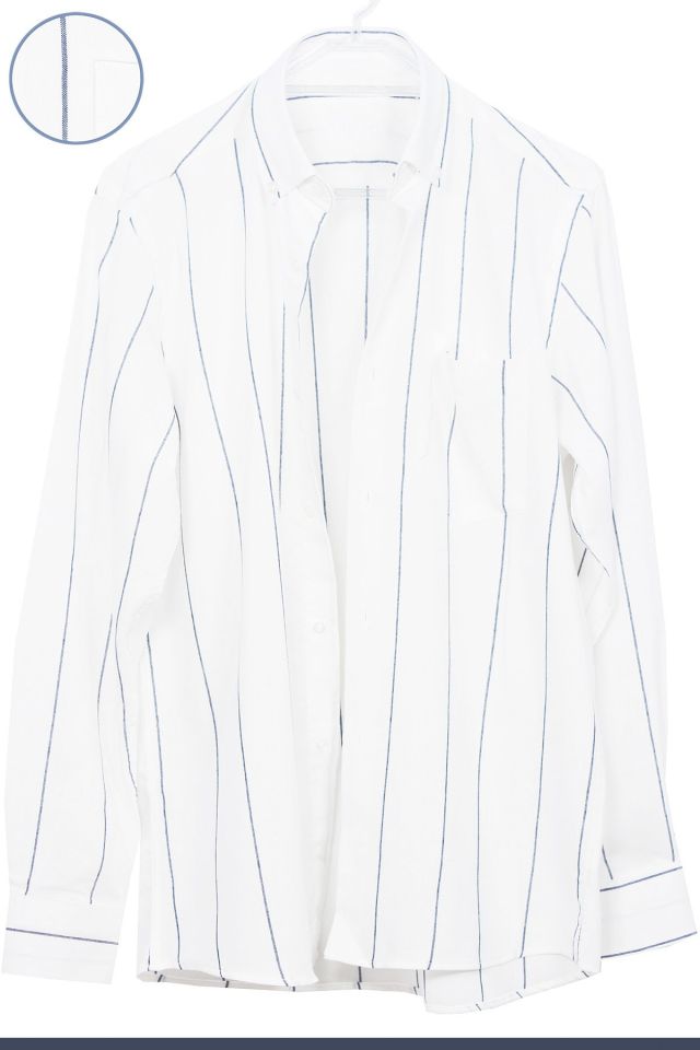 Erkek Beyaz-Lacivert Çizgili Uzun Kol Düğmeli Yaka Klasik Kesim Gömlek
