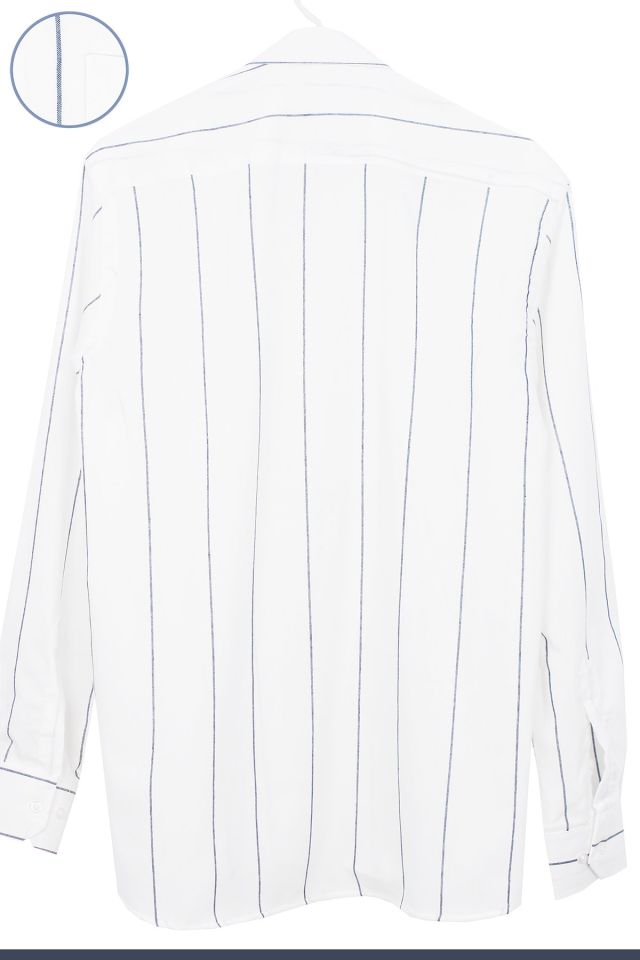 Erkek Beyaz-Lacivert Çizgili Uzun Kol Düğmeli Yaka Klasik Kesim Gömlek