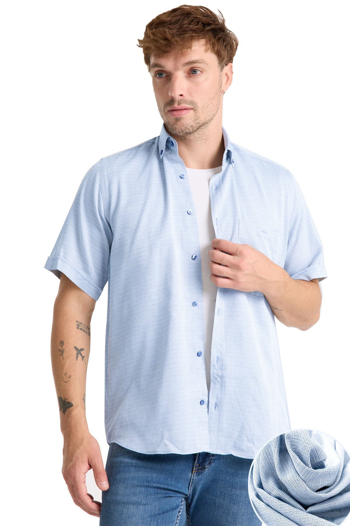 Varetta Erkek Mavi Kısa Kollu Geniş Kesim Cepli Pamuklu Gömlek
