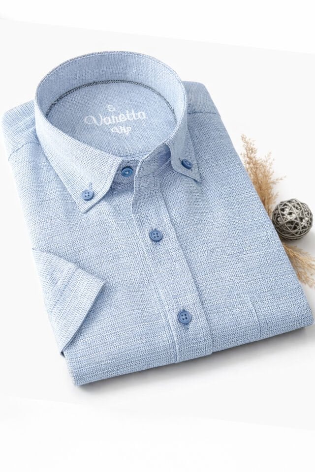 Varetta Erkek Mavi Kısa Kollu Gömlek Keten Efektli Geniş Kesim Cepli