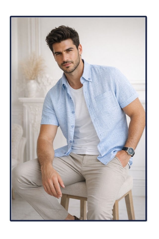 Varetta Erkek Mavi Kısa Kollu Gömlek Keten Efektli Geniş Kesim Cepli