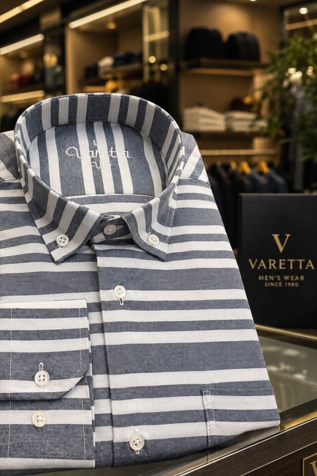 Varetta Erkek Lacivert Çizgili Gömlek Uzun Kollu Düğmeli Yaka Klasik Kesim