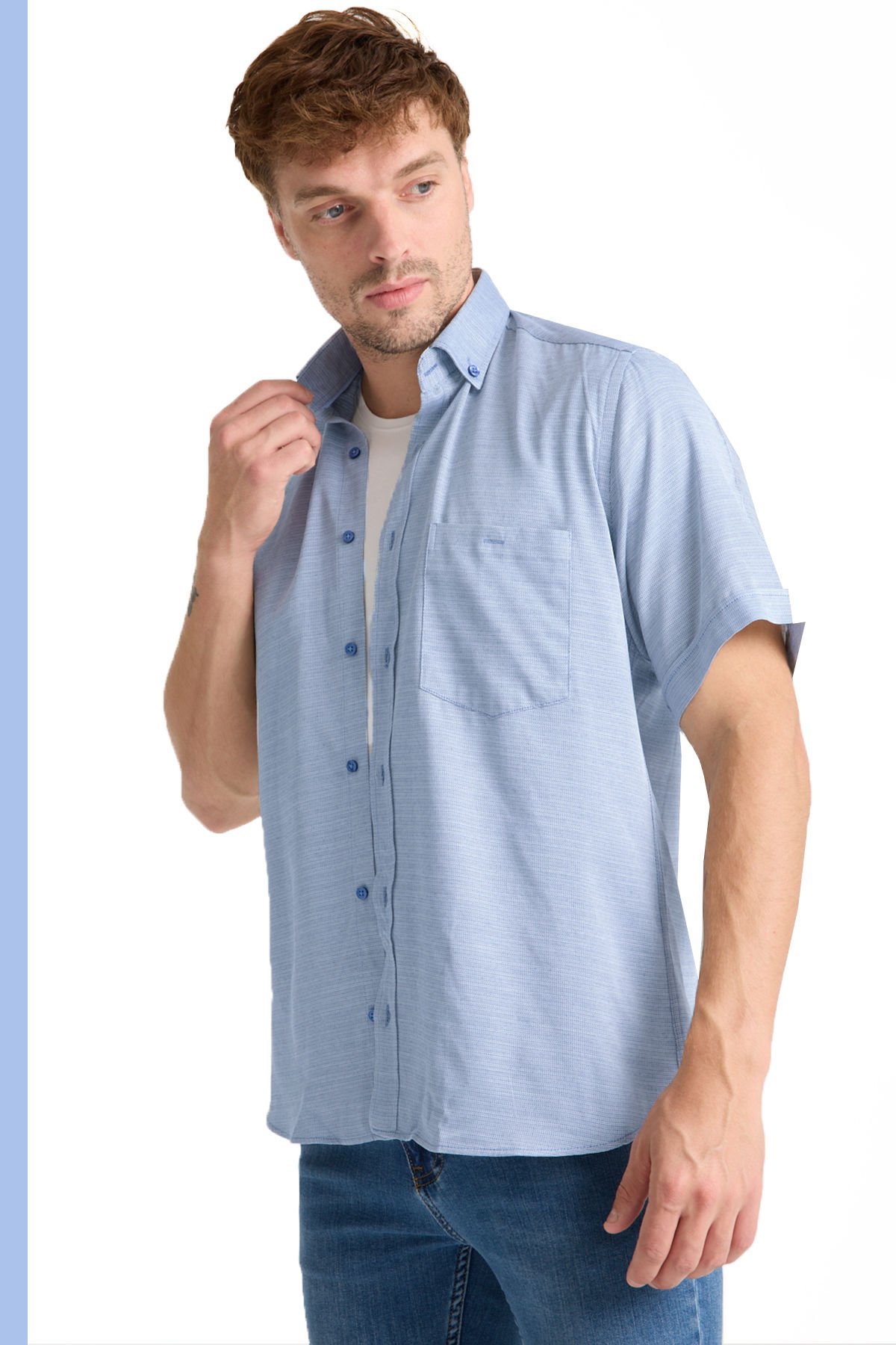 Varetta Erkek Mavi Kısa Kollu Geniş Kesim Cepli Pamuklu Gömlek