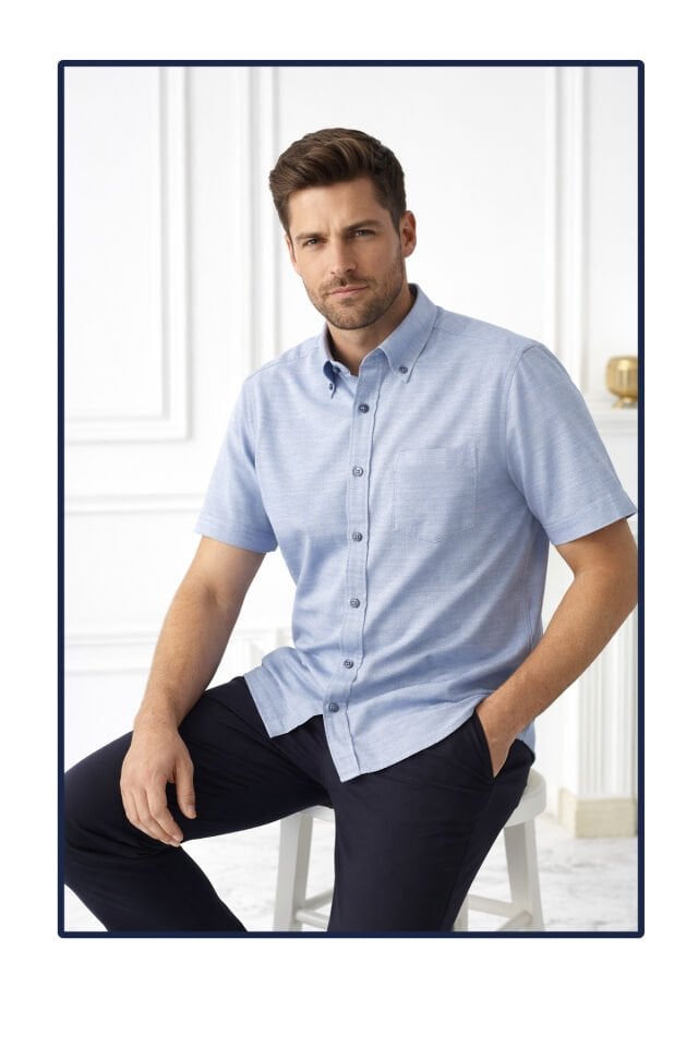 Varetta Erkek Mavi Kısa Kollu Gömlek Keten Efektli Geniş Kesim Cepli Pamuklu