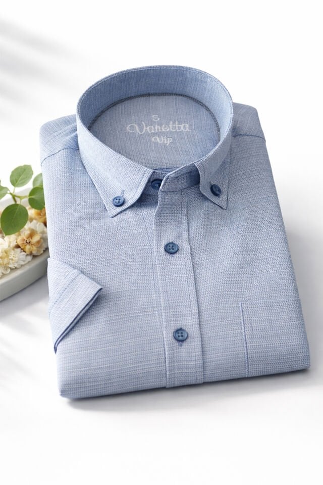 Varetta Erkek Mavi Kısa Kollu Gömlek Keten Efektli Geniş Kesim Cepli Pamuklu