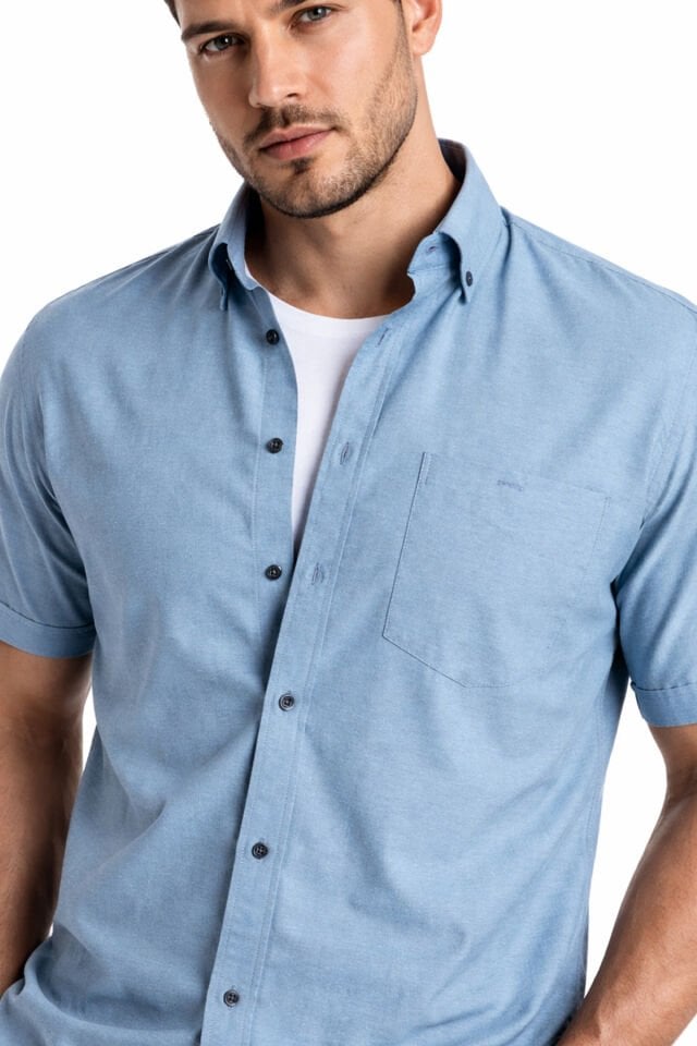 Varetta Erkek Toz Mavi Gömlek Kısa Kollu Geniş Kesim Cepli Pamuklu