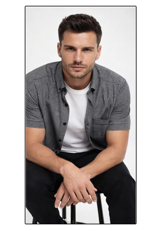 Varetta Erkek Siyah Kısa Kollu Gömlek Geniş Kesim Cepli Pamuklu