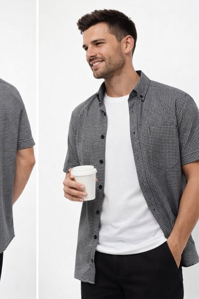 Varetta Erkek Siyah Kısa Kollu Gömlek Geniş Kesim Cepli Pamuklu