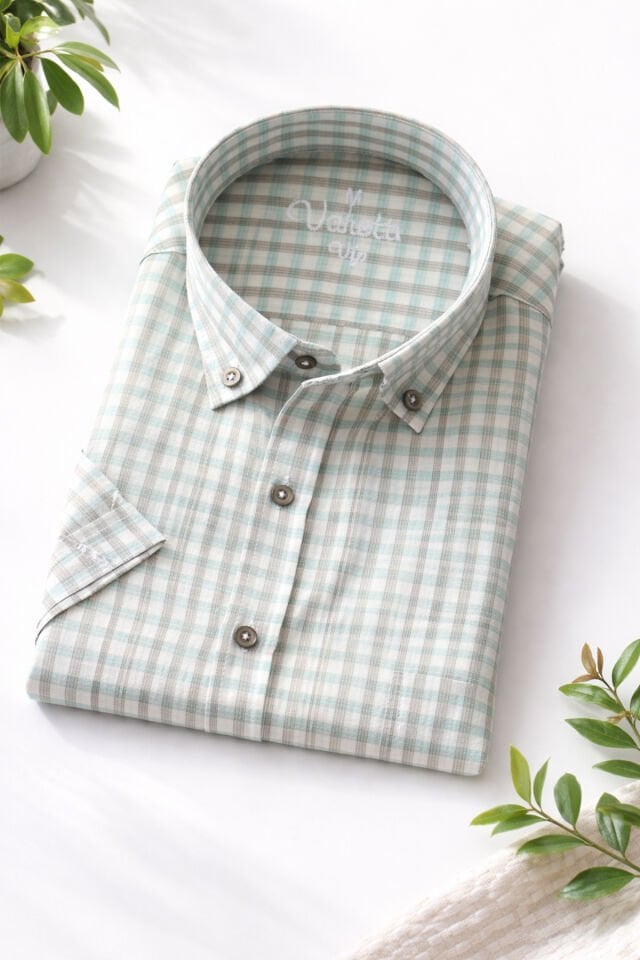 Varetta Erkek Yeşil  Gömlek Kısa Kollu Cepli Geniş Kesim Pamuklu Yazlık Kareli