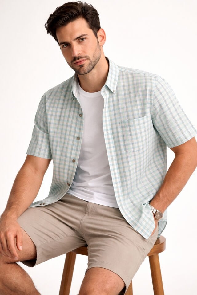 Varetta Erkek Yeşil  Gömlek Kısa Kollu Cepli Geniş Kesim Pamuklu Yazlık Kareli