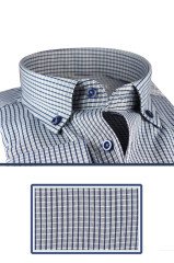 Erkek Lacivert Kareli Klasik Kesim Uzun Kollu Tek Cepli Yaka Düğmeli Gömlek